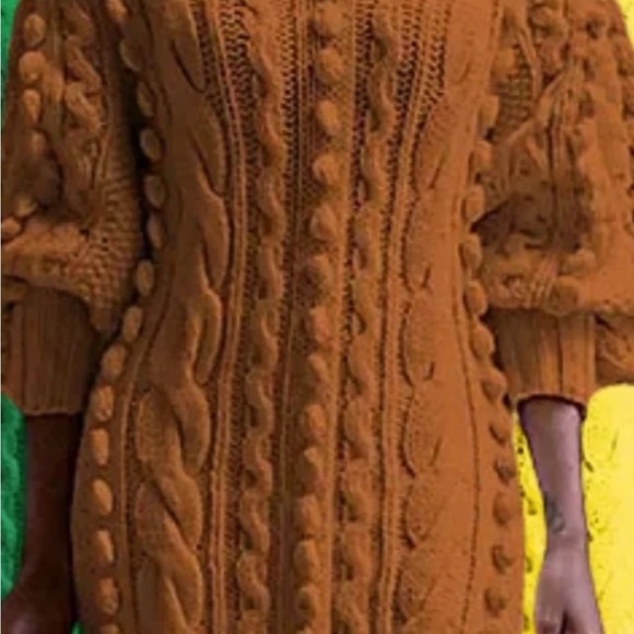 Tan Crew Neck Sweater with Intricate Cable Knit Design - Picture 5 of 5